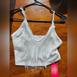 White Fringe Cropped Tank Top - Women